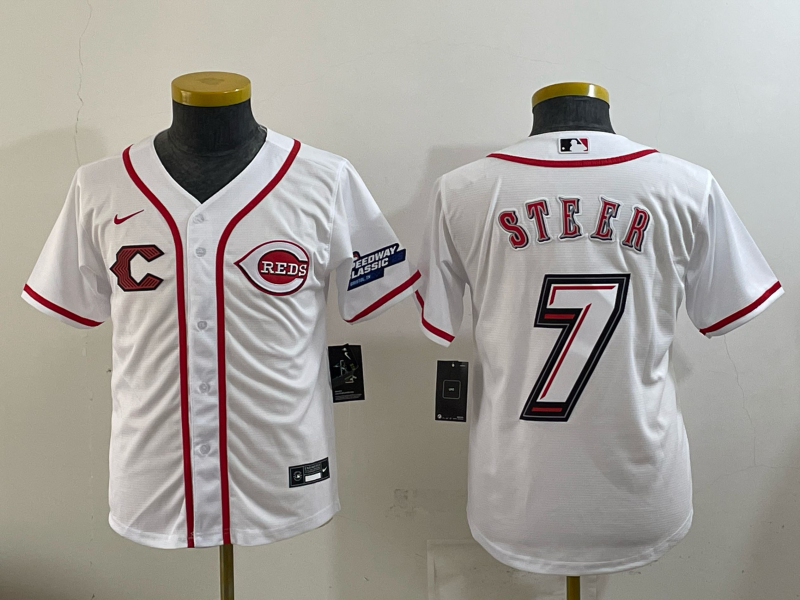 Youth Cincinnati Reds #7 Steer white Nike MLB 2025 Jersey 004